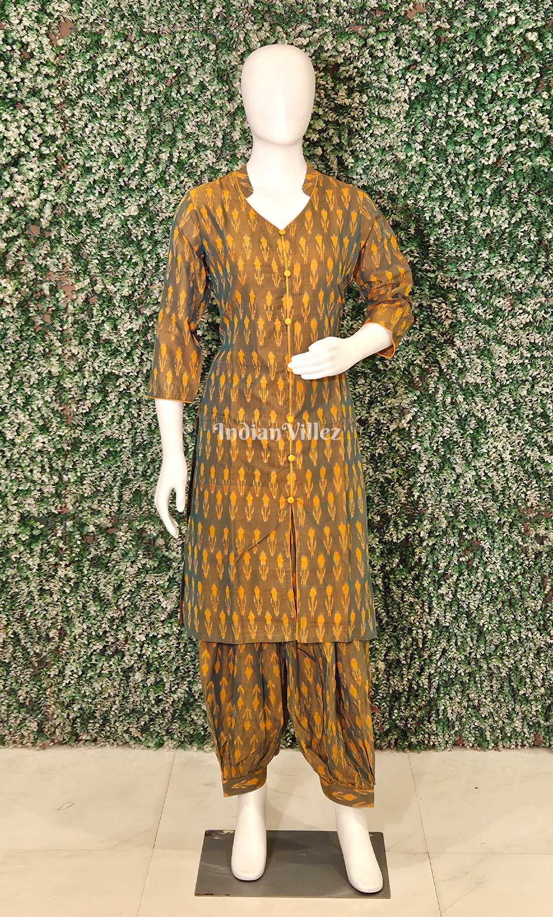 Olive Brown Yellow Pochampally Cotton Kurti Set with Pallazo