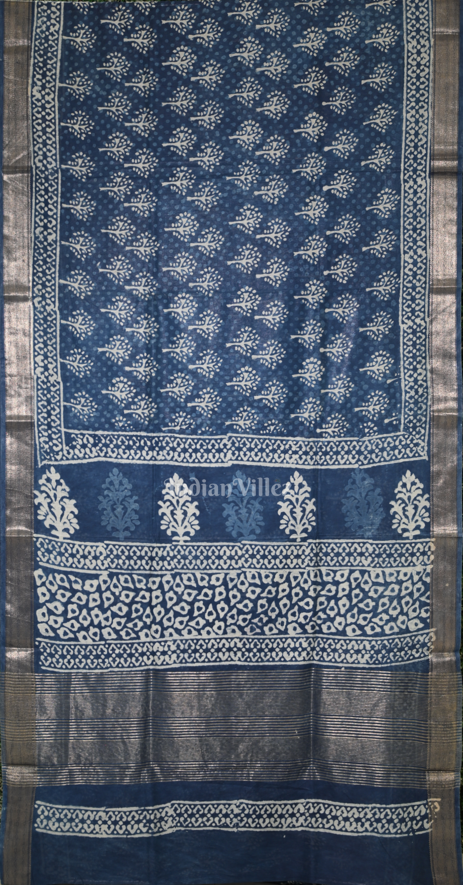 Indigo Blue Block Printed Dabu Cotton Saree 