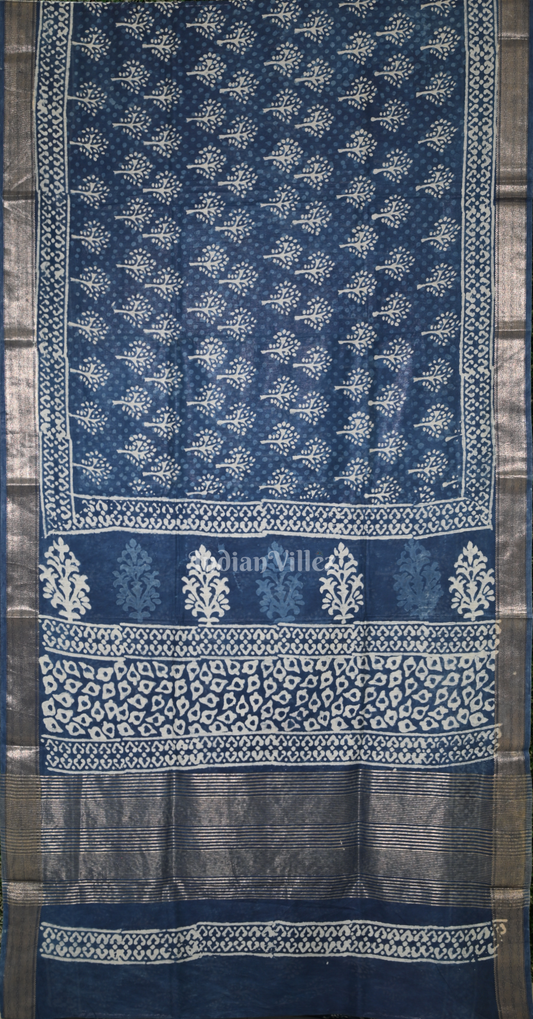 Indigo Blue Block Printed Dabu Cotton Saree 
