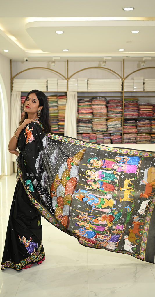 Black Giri Govardhan Hand-Painted Pattachitra Saree