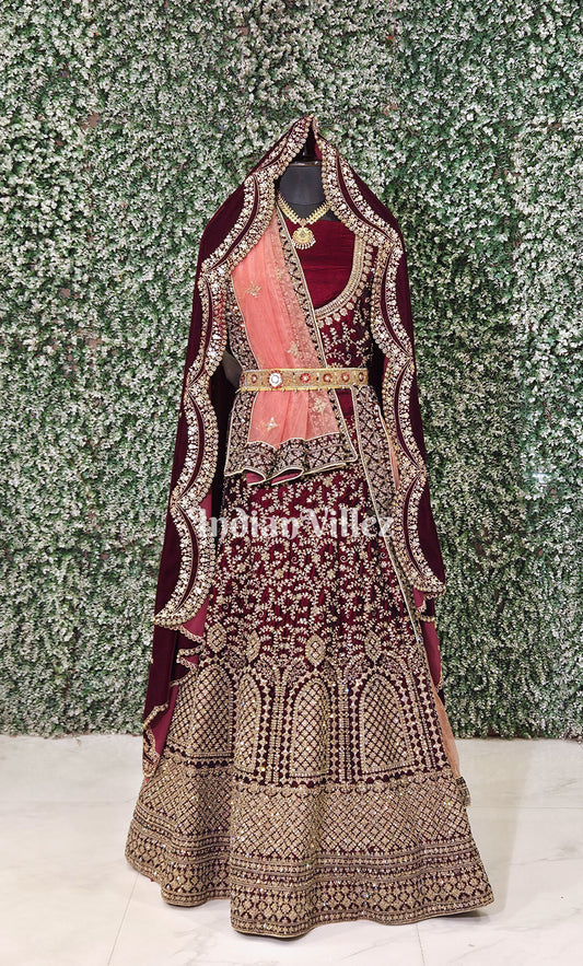 Enchanting  Maroon Peach Embroidered Velvet Lehenga Choli with Dupatta