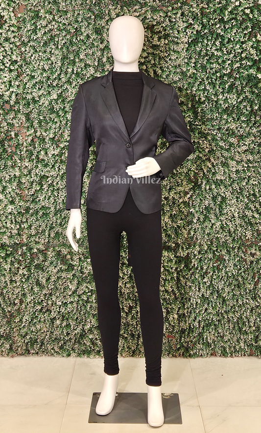 Black Solid Dupion Silk Women's Designer Blazer