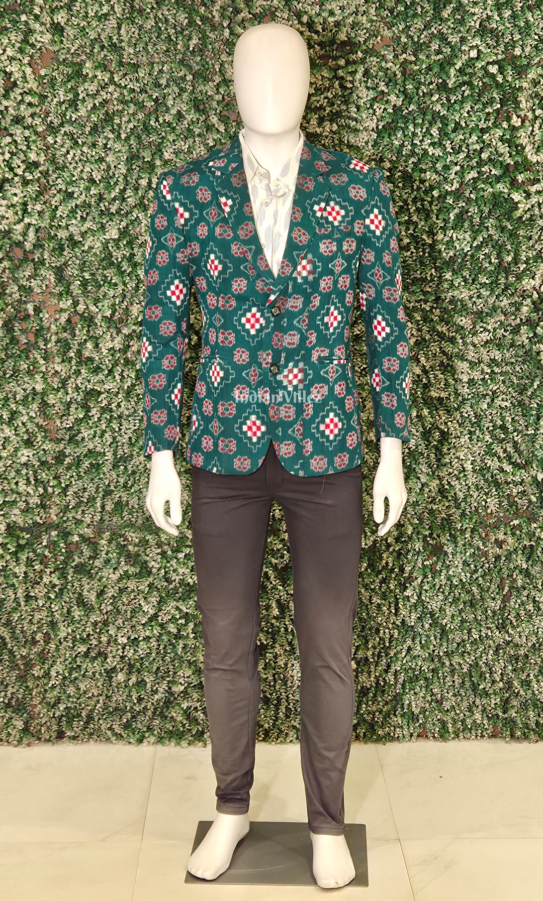 Green Red Pasapali Odisha Ikat Men's Designer Blazer 