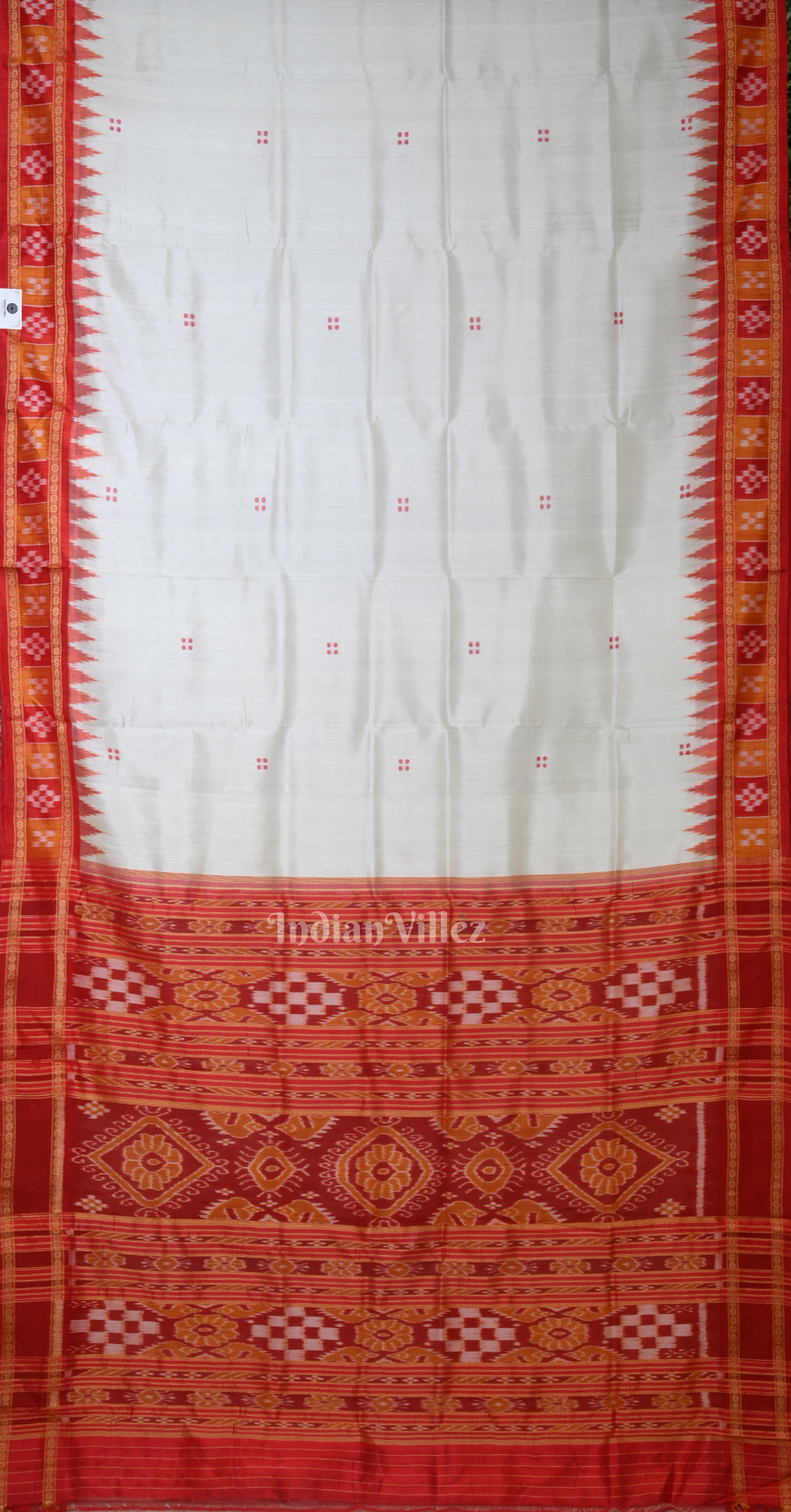 White Red Buti Design Pasapali Border Khandua Silk Saree with Pasapali Anchal