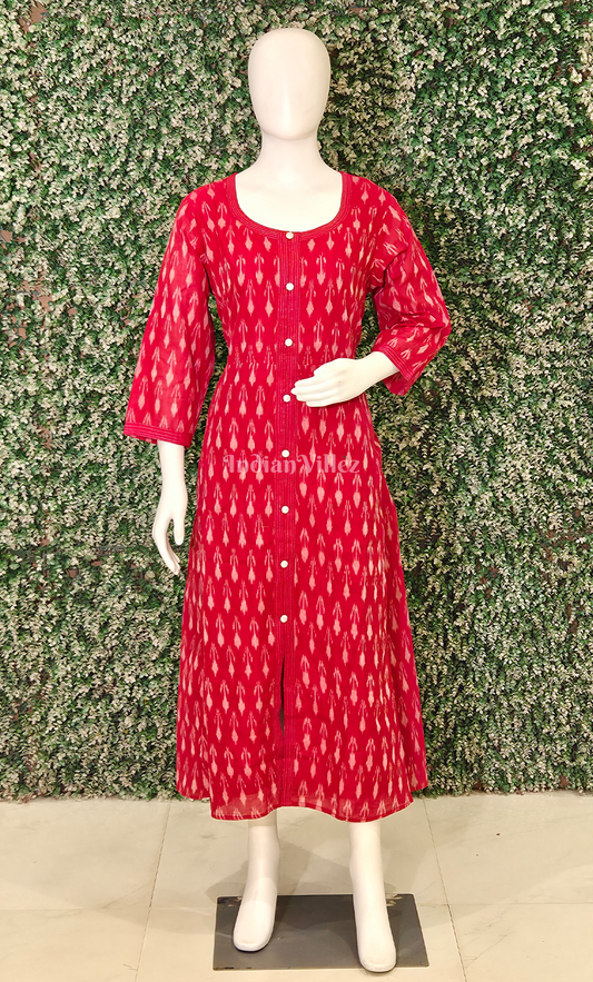 Red Pochampally Ikat Designer Office Wear Dress