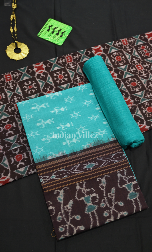 Coffee Green Tribal Design Odisha Ikat Sambalpuri Dress Set & Dupatta 