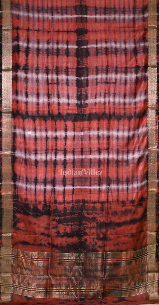 Maroon with Multicolour Block Printed Shibori Cotton Saree 