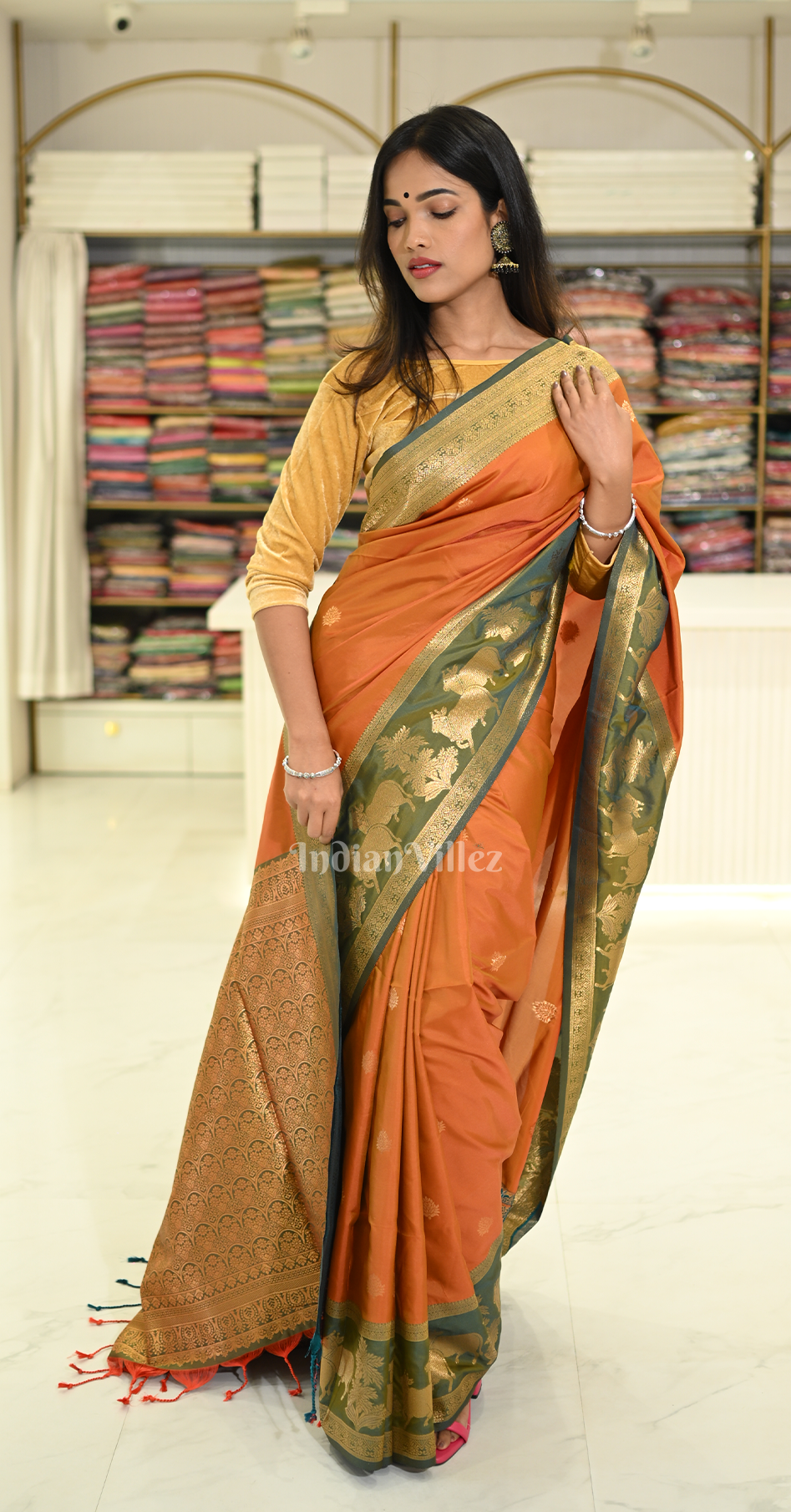 Orange Green Pichwai Satin Silk Banarasi Saree