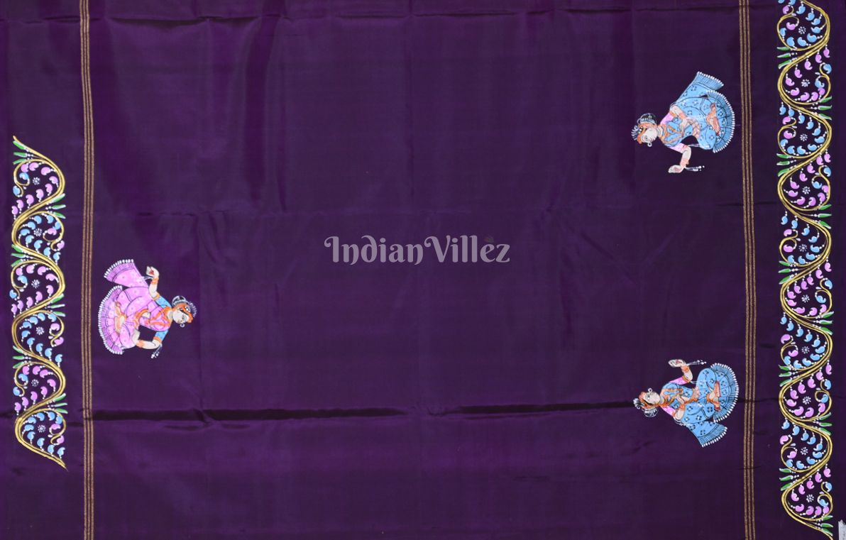 Rust Orange Purple Village Theme Hand- Painted Pattachitra Saree 