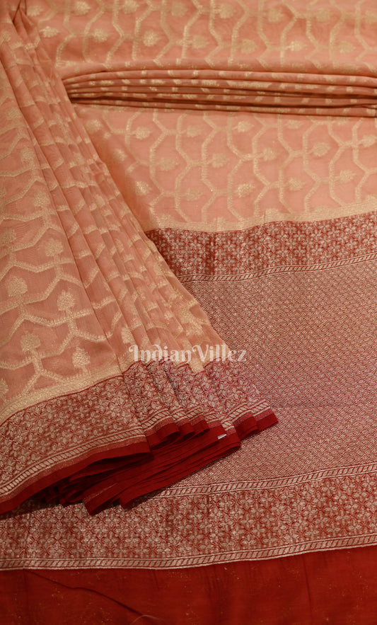 Peach Red Pure Monga Muslin Banarasi Silk Saree