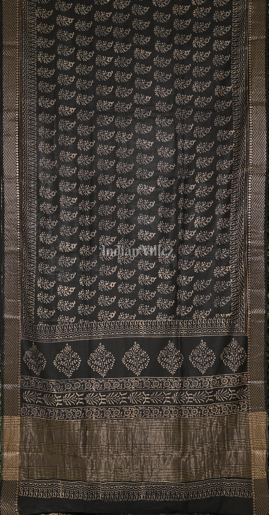 Black Block Printed Cotton Saree 