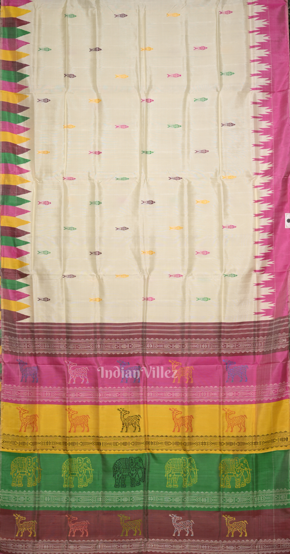 Off White with Multicolour  Fish Motif Double Pallu Berhampuri Silk Saree