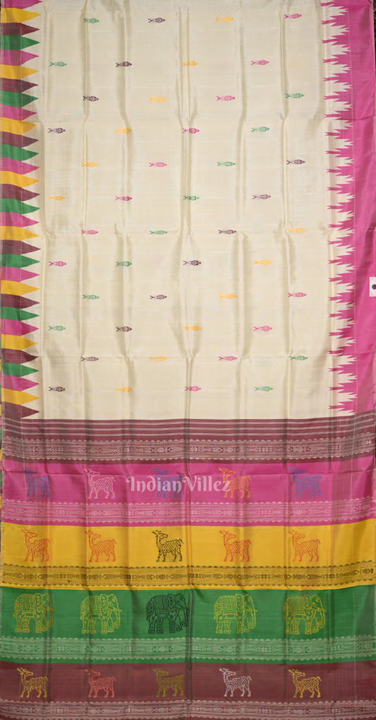 Off White with Multicolour  Fish Motif Double Pallu Berhampuri Silk Saree