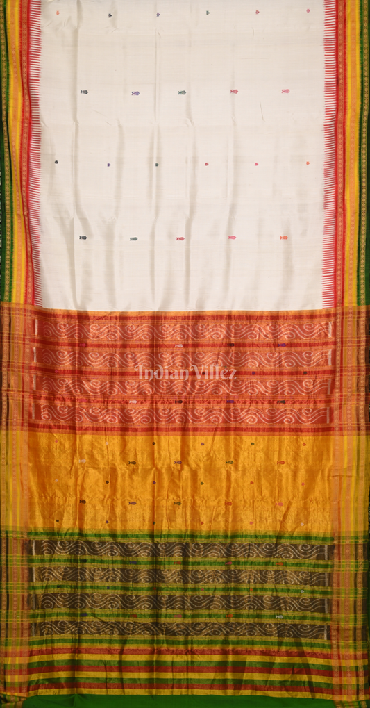 White Green Fish Motif Kathiphera Odisha Ikat Khandua Silk Saree
