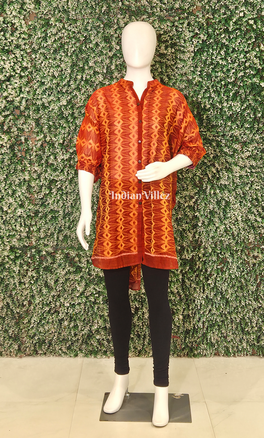 Maroon Orange Diamond Motif Odisha Ikat Designer Low High Cotton Kurti for Women 