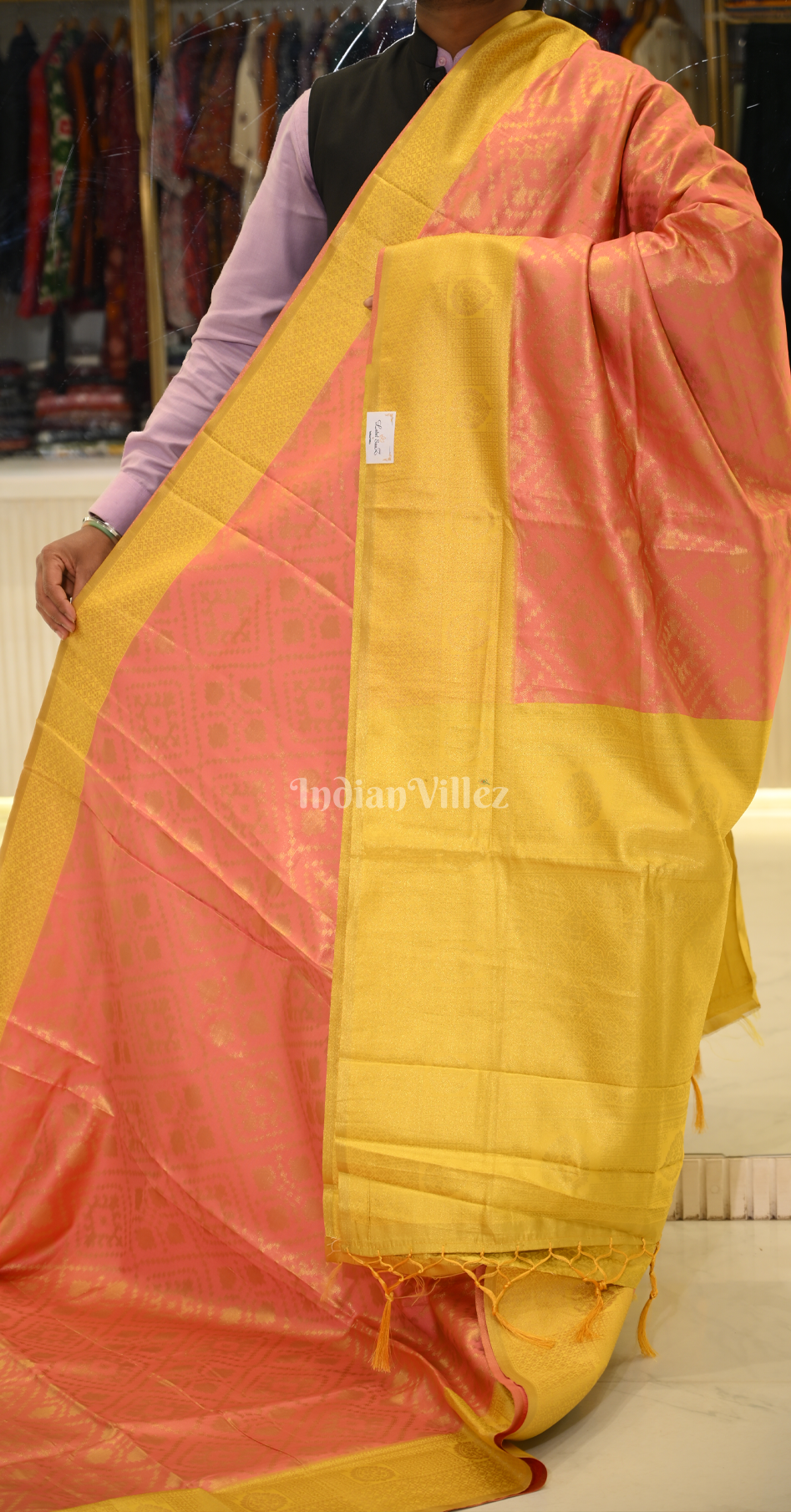Orange Yellow Pure Zari Base Chaap Hand Woven Kanjivaram Silk Saree 