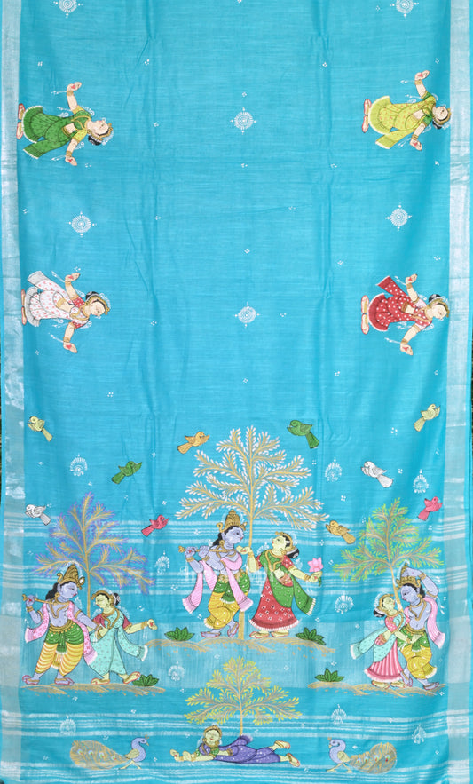  Sky Blue Radha Krishna Raasleela Hand-Painted Pattachitra Saree