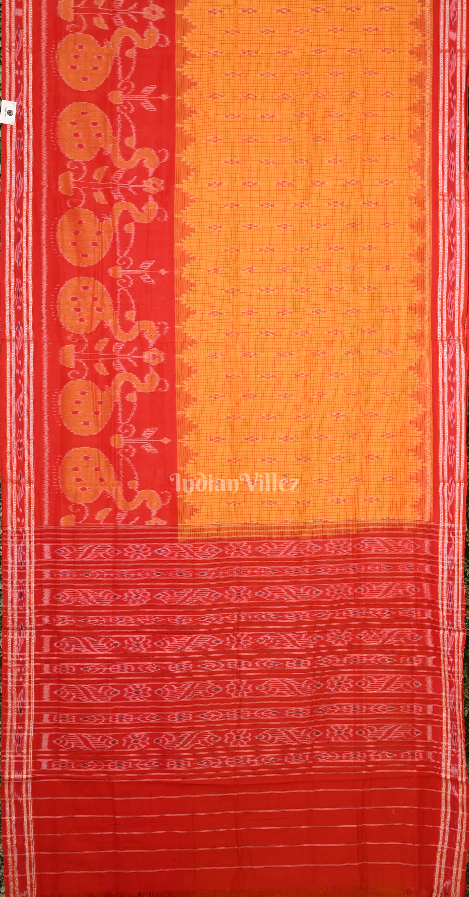 Mustard Yellow Red Peacock Scott Odisha Ikat Maniabandha Cotton Saree 