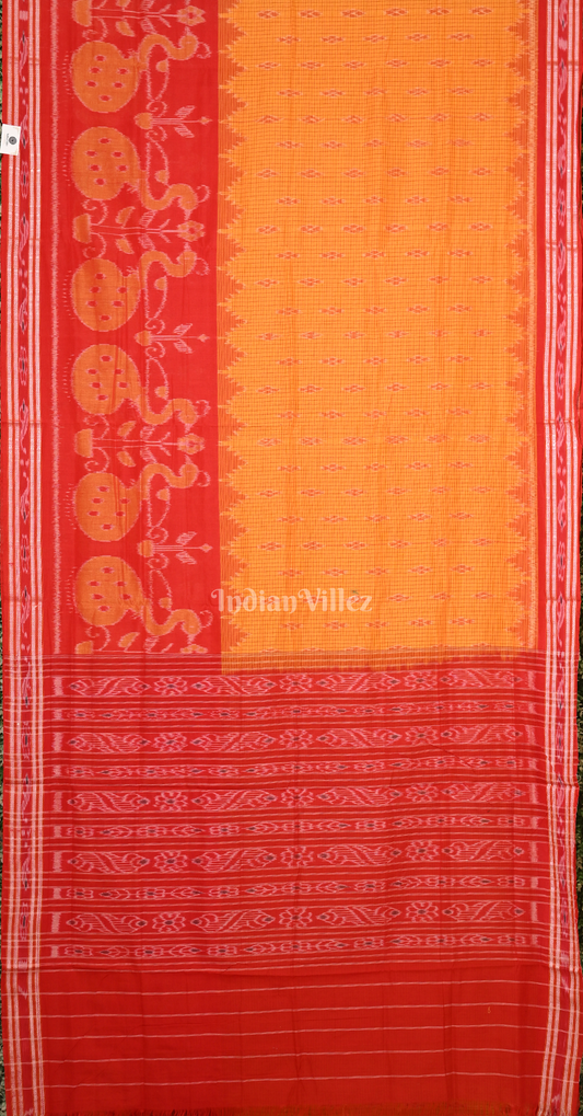 Mustard Yellow Red Peacock Scott Odisha Ikat Maniabandha Cotton Saree 