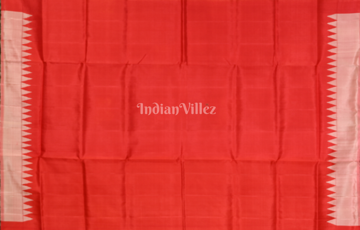 White Red Fish Motif Double Pallu Berhampuri Silk Saree