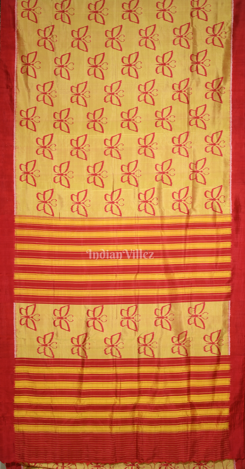 Light Yellow Red Butterfly Design Contemporary Silk Saree 