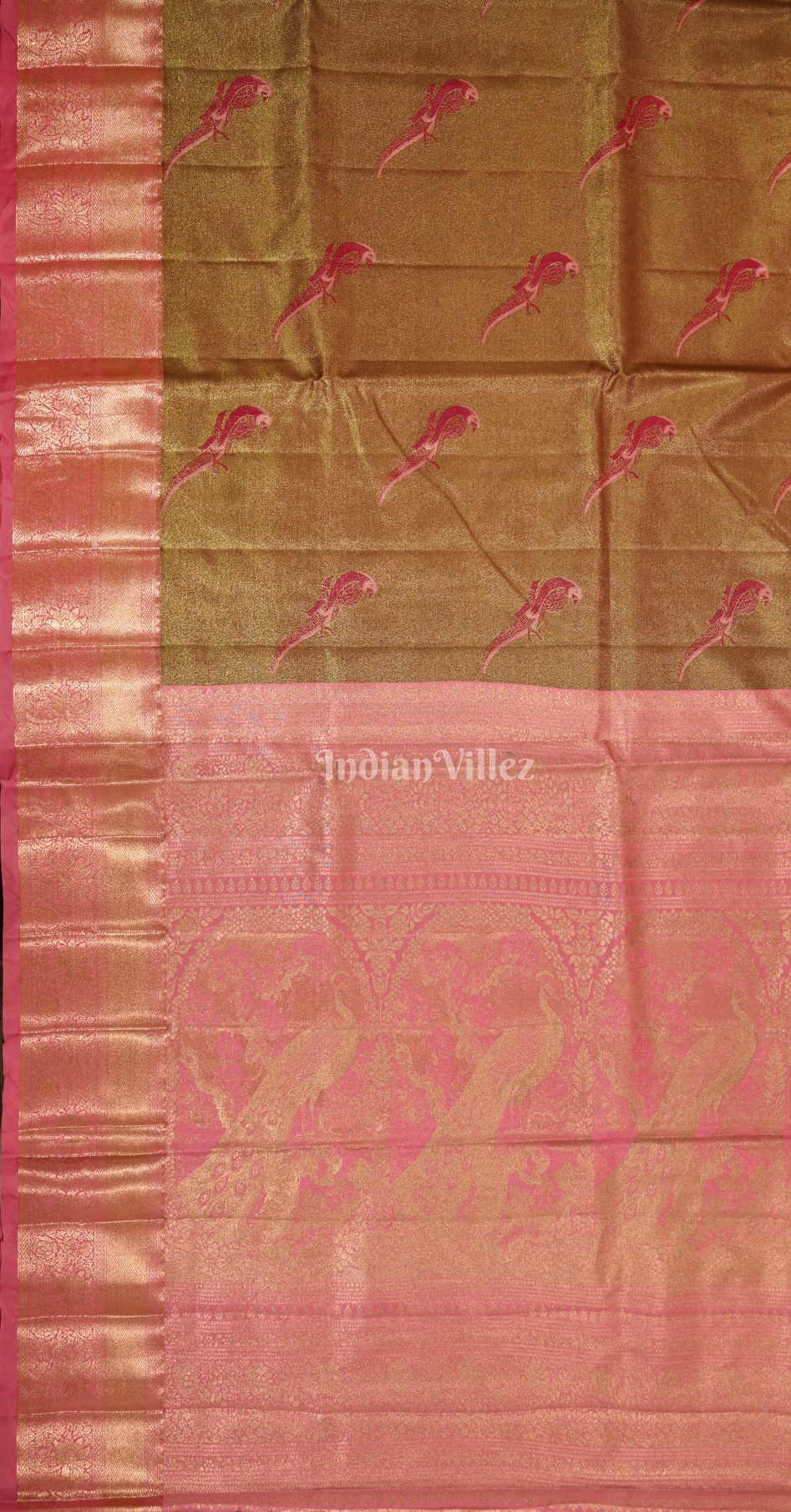 Gold Pink Parrot Motif Pure Kanjivaram Tissue Silk Saree