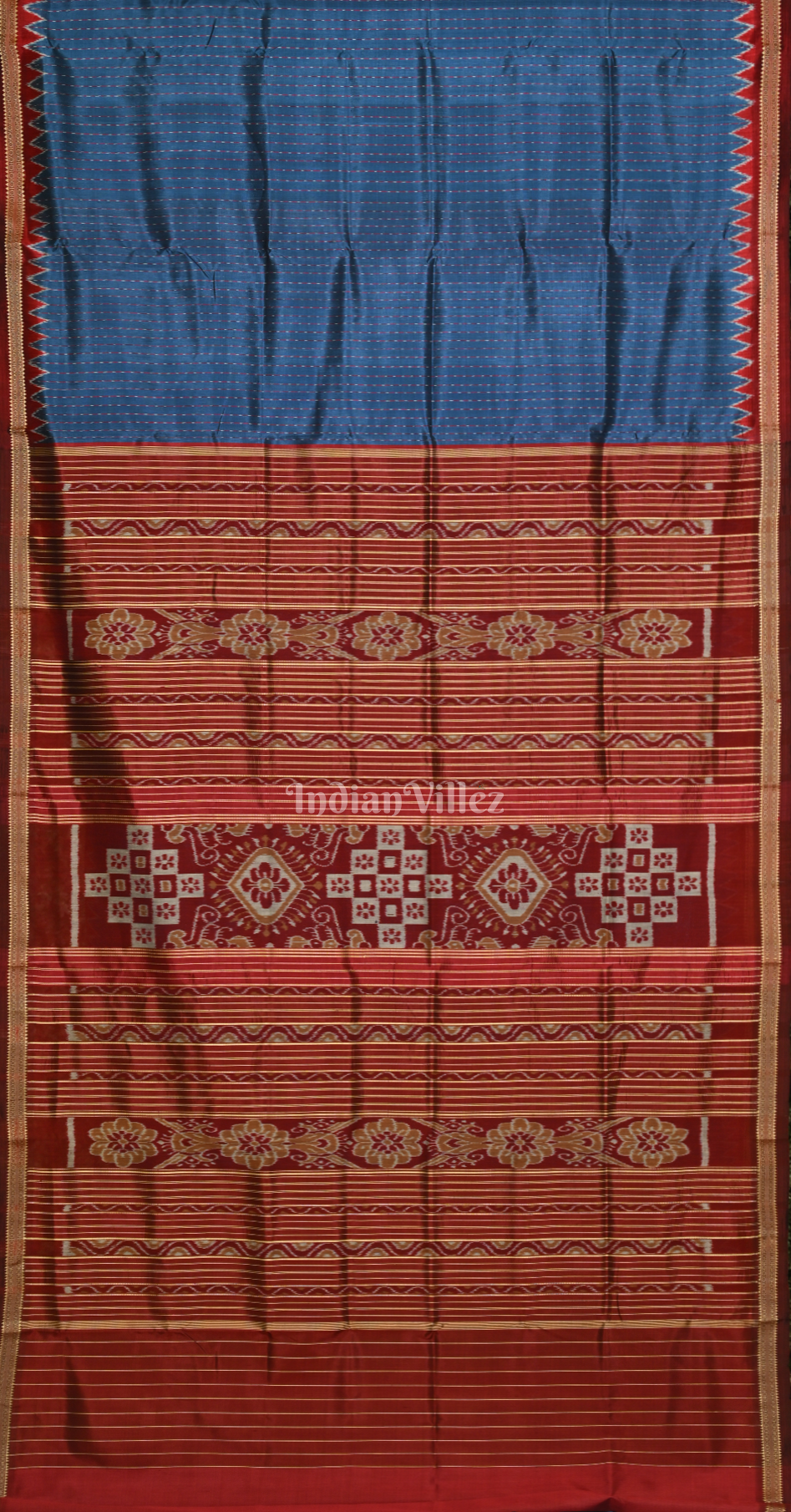 Blue Maroon Stripe Odisha Ikat Khandua Silk Saree with Blouse Piece 