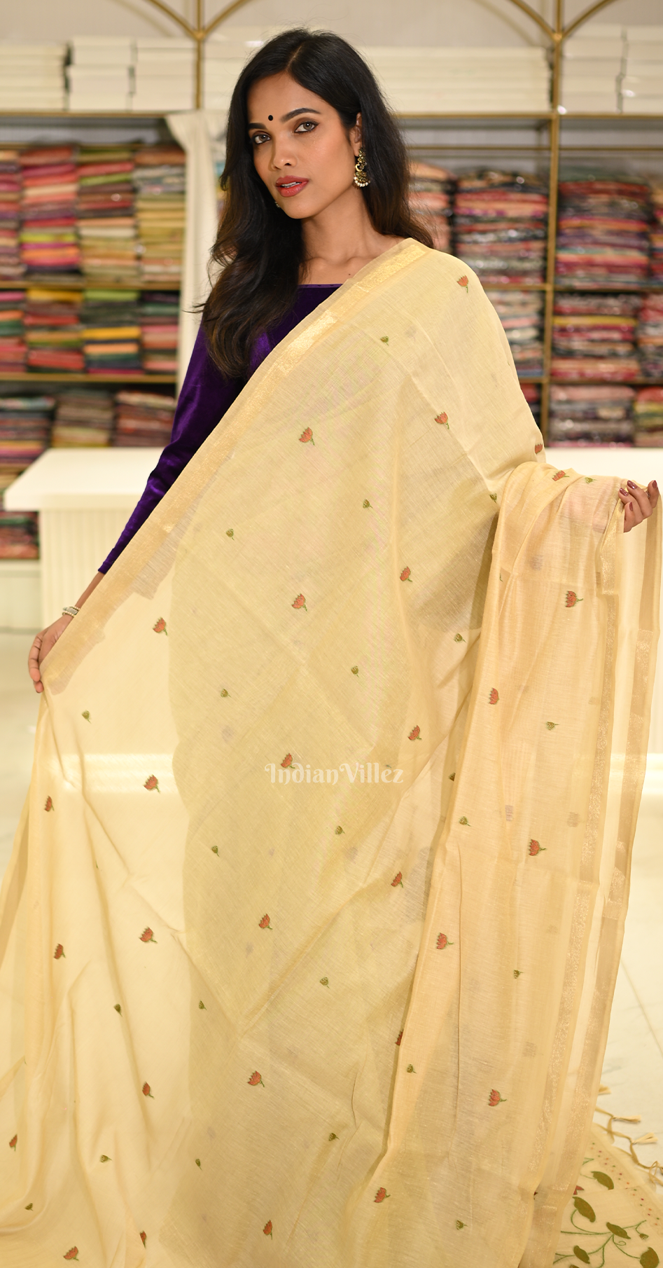 Off White Linen Cotton Pichwai Saree with Zari Border 