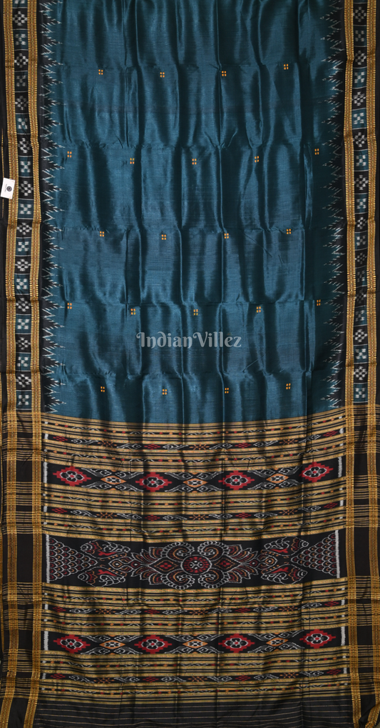 Cyan Blue Black Butti Pasapali Odisha Ikat Khandua Silk Saree 