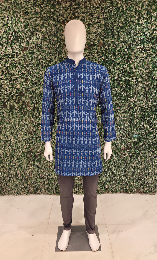 Blue Tribal Theme Odisha Ikat Cotton Kurta for Men 
