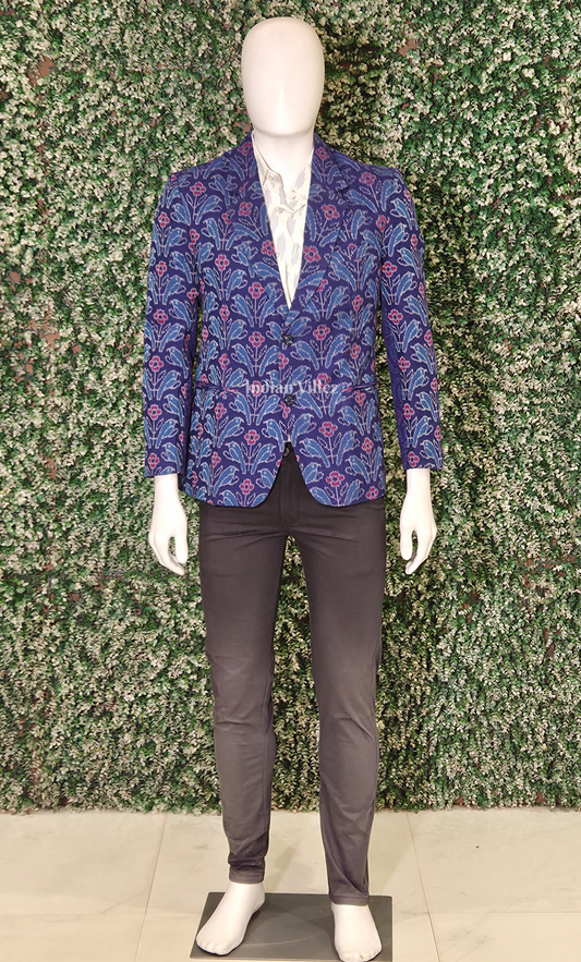 Blue Floral Bird Motif Odisha Ikat Men's Designer Blazer