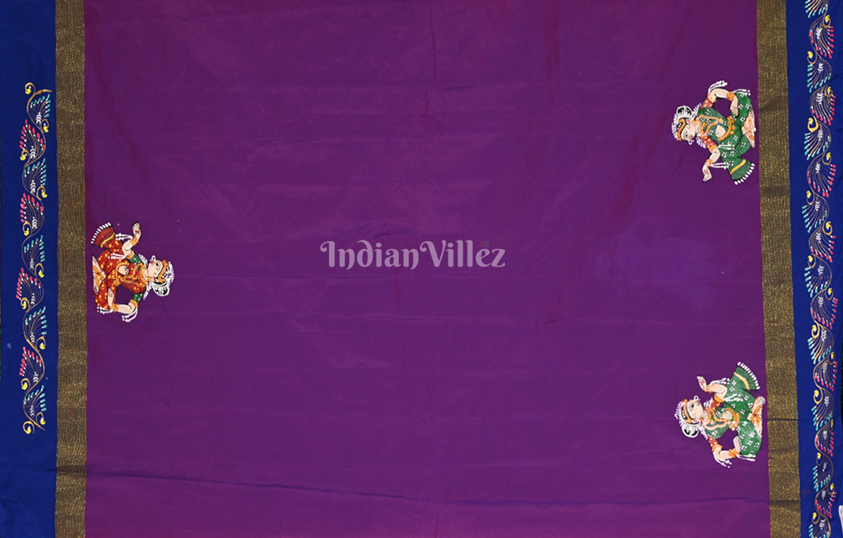 Red Purple Raja Doli Theme Hand-Painted Pattachitra Saree