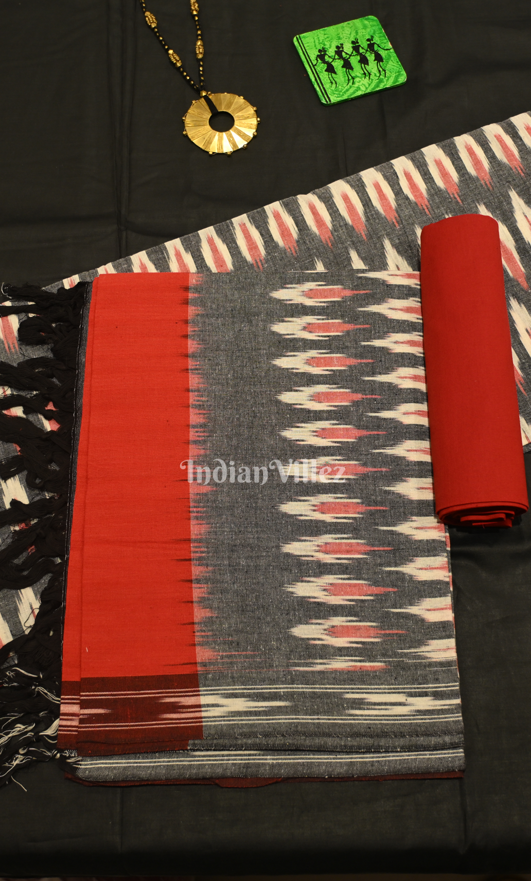 Grey Red Pochampally Ikat Cotton Unstitched Suit Sets 
