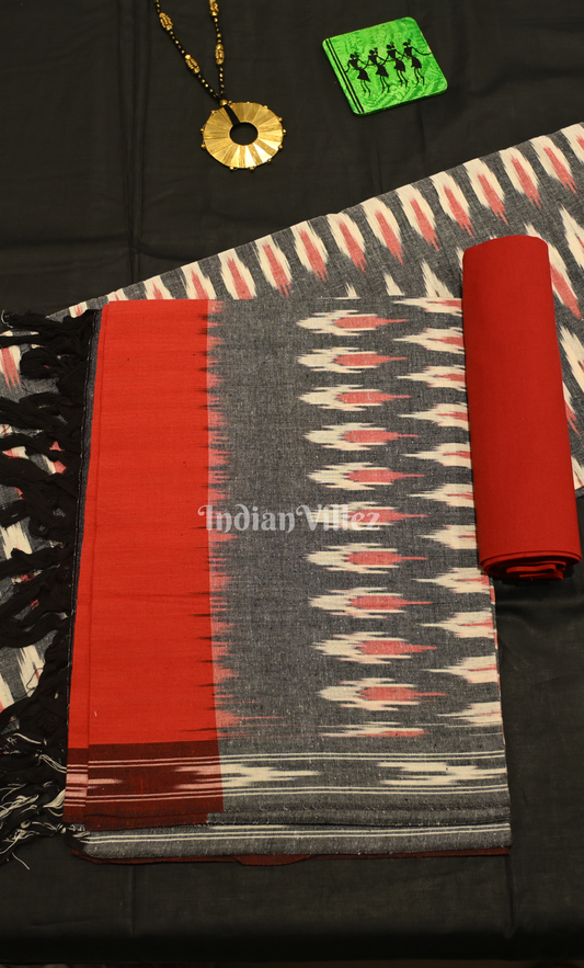 Grey Red Pochampally Ikat Cotton Unstitched Suit Sets 
