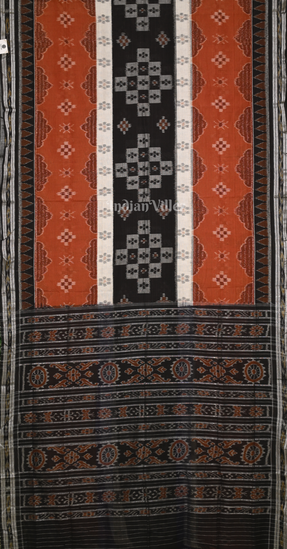 Rust Orange Black Pasapali Triple Layer Odisha Ikat Sambalpuri Cotton Saree 