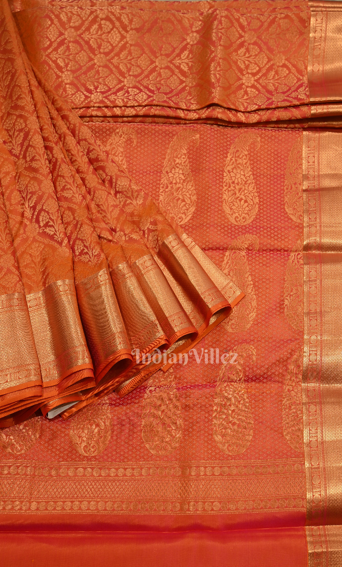  Bridal Orange Red with Gold Brocade Pure Kanjivaram Silk Saree