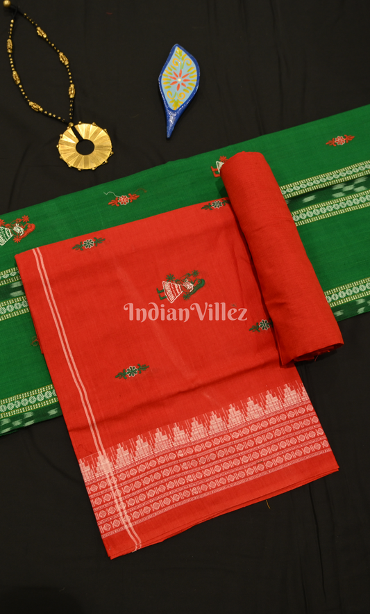 Green Red Doll Odisha Ikat Sambalpuri Cotton Dress set with Dupatta 