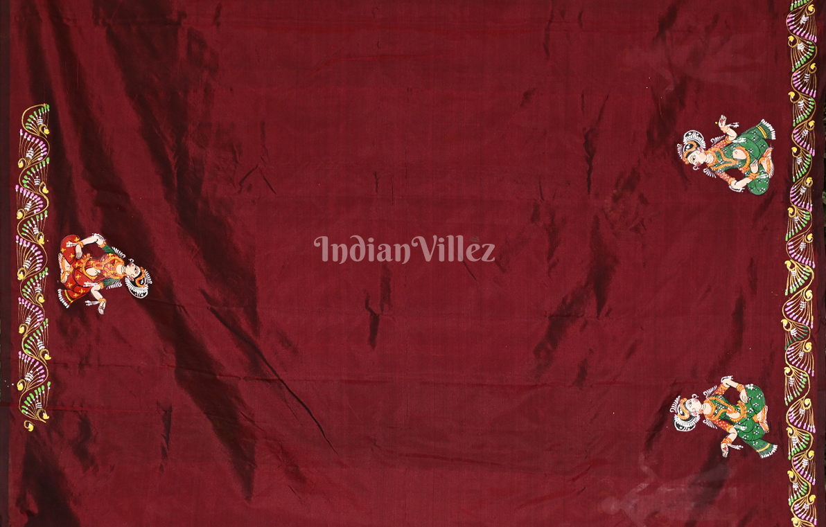 Maroon Vat Sabitri Theme Hand-Painted Pattachitra Saree