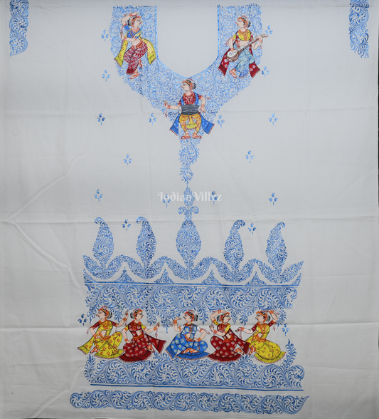 White Blue Nartaki Mudra Theme Hand-Painted Pattachitra Kurti (Unstitched)