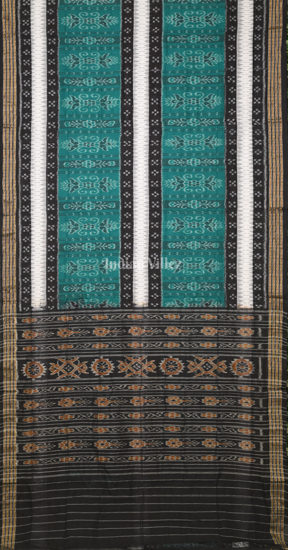 Sea Green Black Odisha Ikat Sambalpuri Cotton Saree with Double Pasapali Border