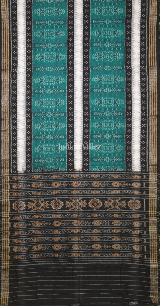 Sea Green Black Odisha Ikat Sambalpuri Cotton Saree with Double Pasapali Border