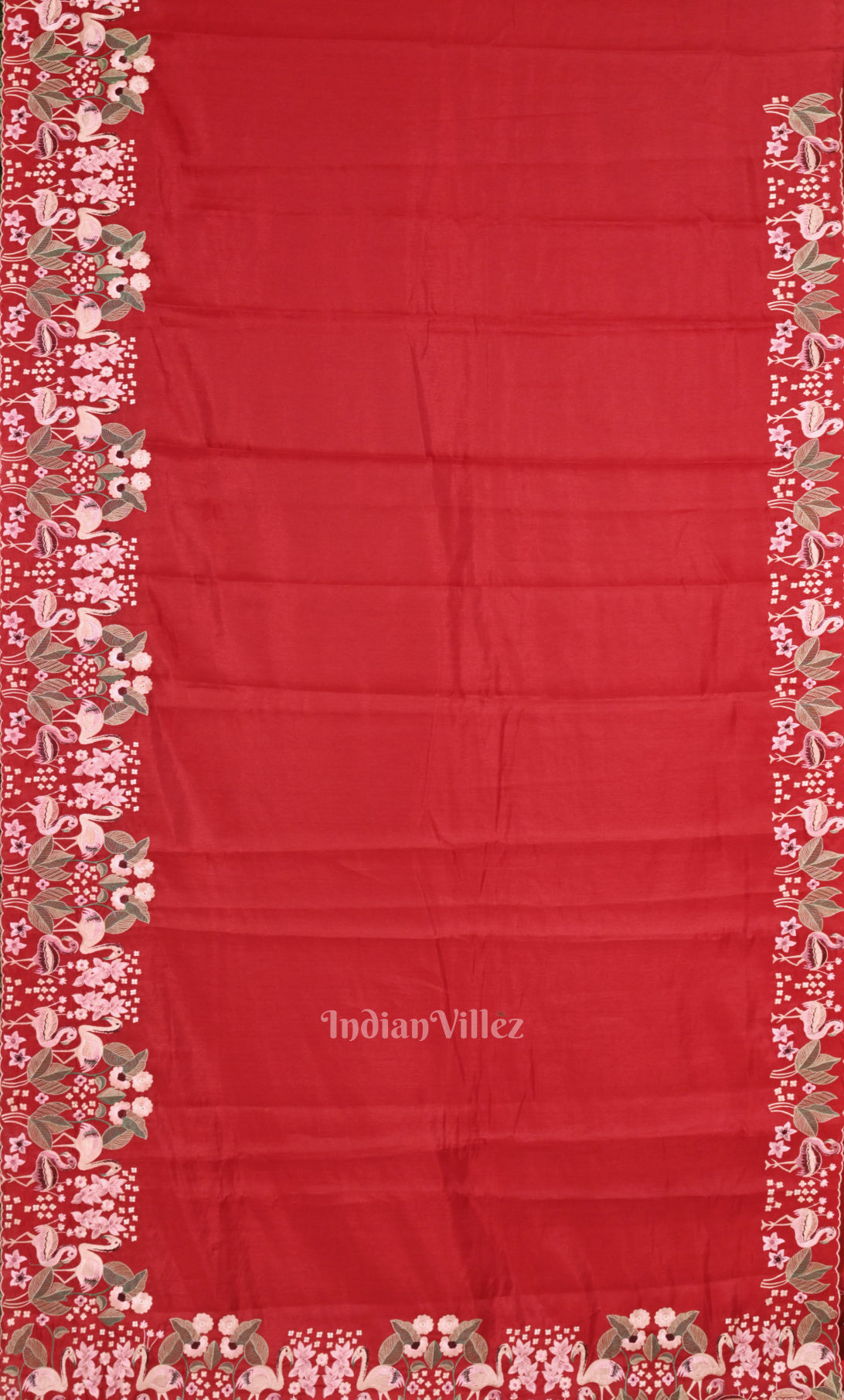 Red Tussar Silk Saree with Floral Hand Embroidery Border