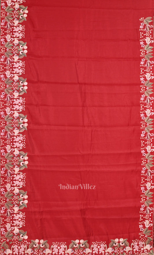 Red Tussar Silk Saree with Floral Hand Embroidery Border