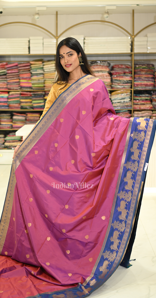Magenta Pink Blue Pichwai Satin Silk Banarasi Saree