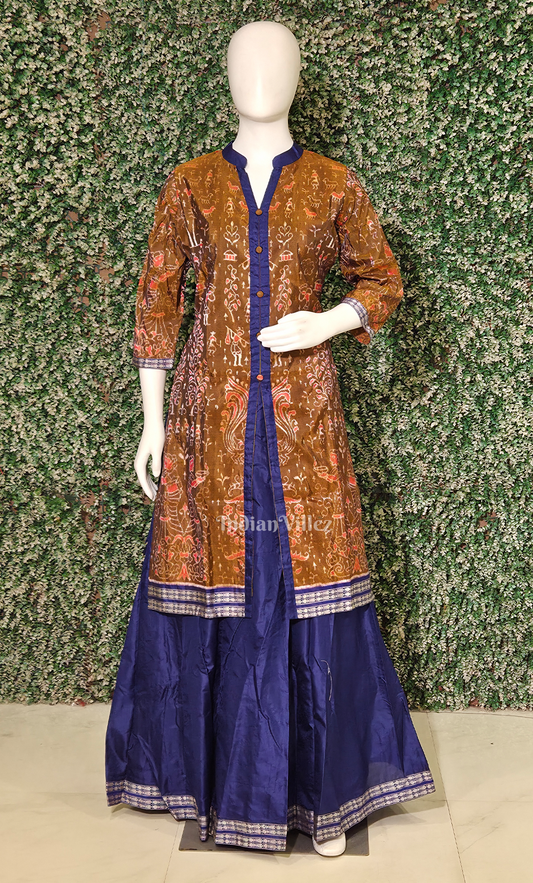 Rust Brown Blue Tribal Theme Odsiha Ikat Silk Kurti Set with Skirt