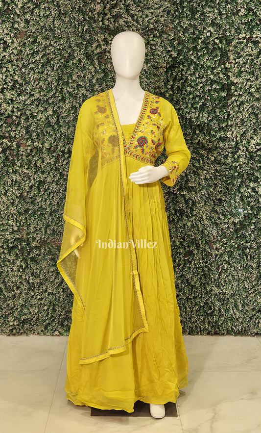 Mustard Yellow Floral Alia Cut Georgette Anarkali with Dupatta