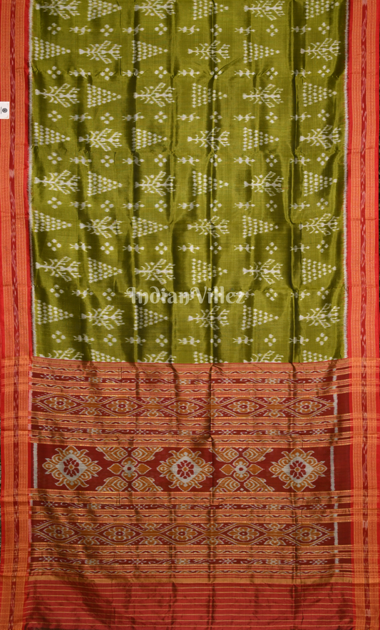Mehendi Green Red Tribal Design Odisha Ikat Khandua Silk Saree 