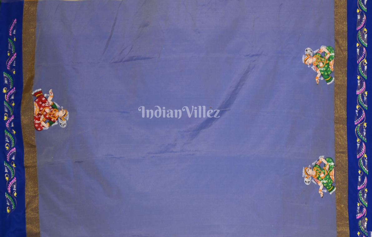 Cream Blue Krishna Raas Leela Hand-Painted Pattachitra Saree