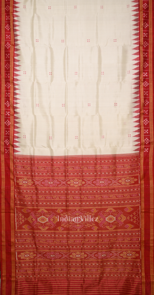White Red Buti Design Odisha Ikat Khandua Silk Saree with Pasapali Border