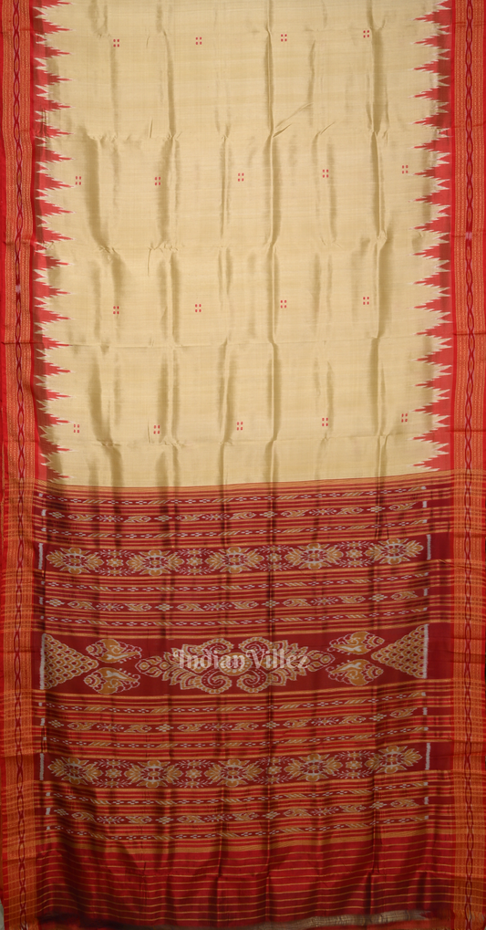 Beige Red Buti Design Odisha Ikat Khandua Silk Saree 